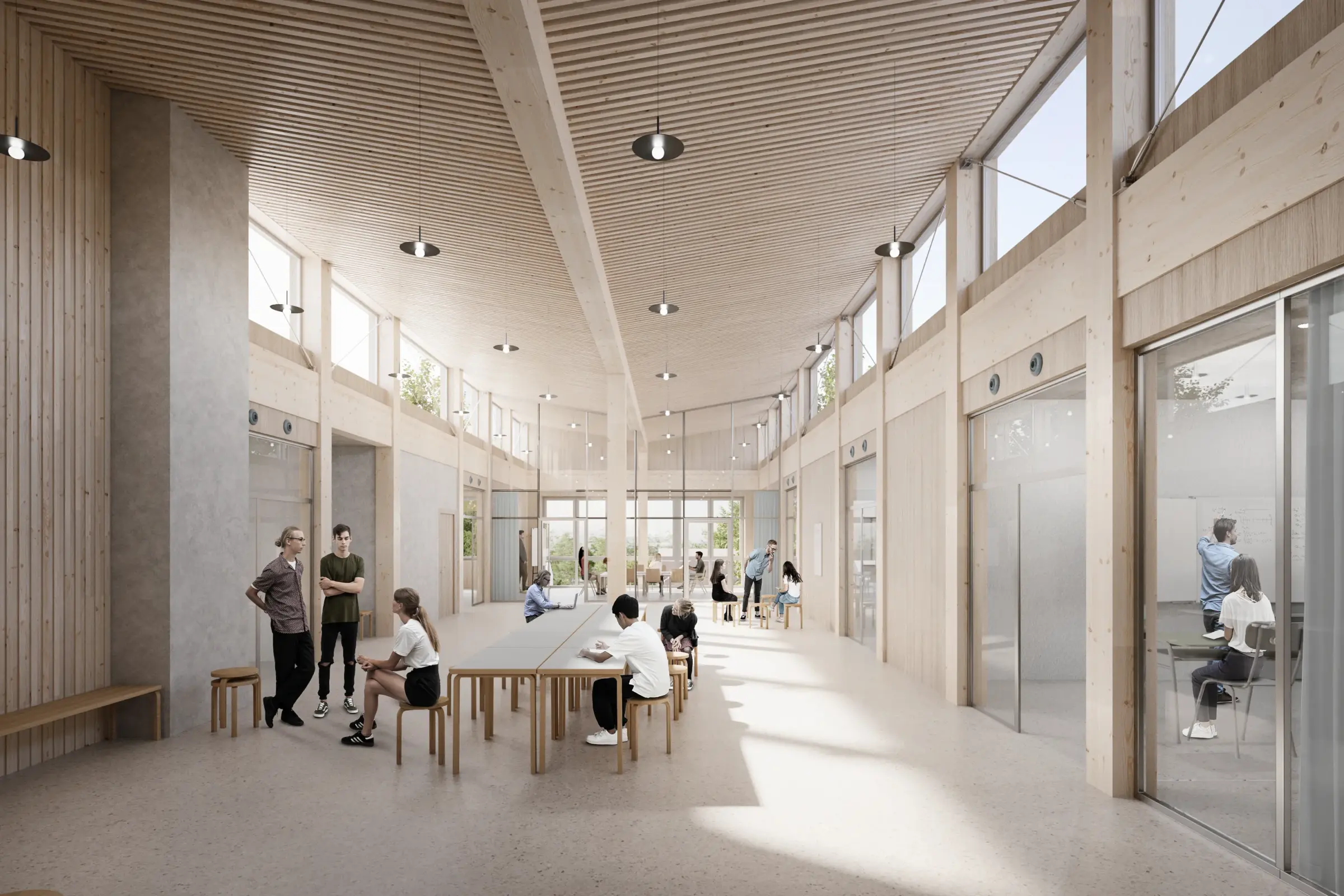 Holzbau-Flur mit Sichtbetonpfeiler, langen Tischreihen und Glastrennwänden zu angrenzenden Räumen.