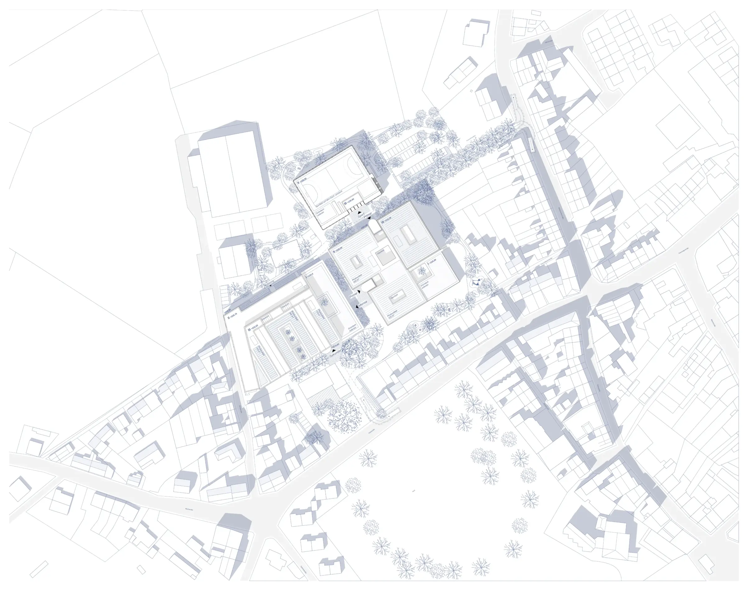 Lageplan zeigt mehrere neue Baukörper inmitten dichter bestehender Bebauung, umgeben von Straßen und Bäumen.