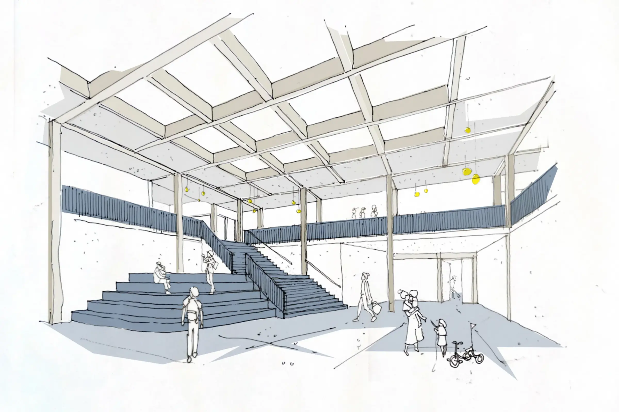 Skizze einer Aula mit offener Treppe, umlaufender Galerie und sichtbarer Holzbalkenkonstruktion im Dach.