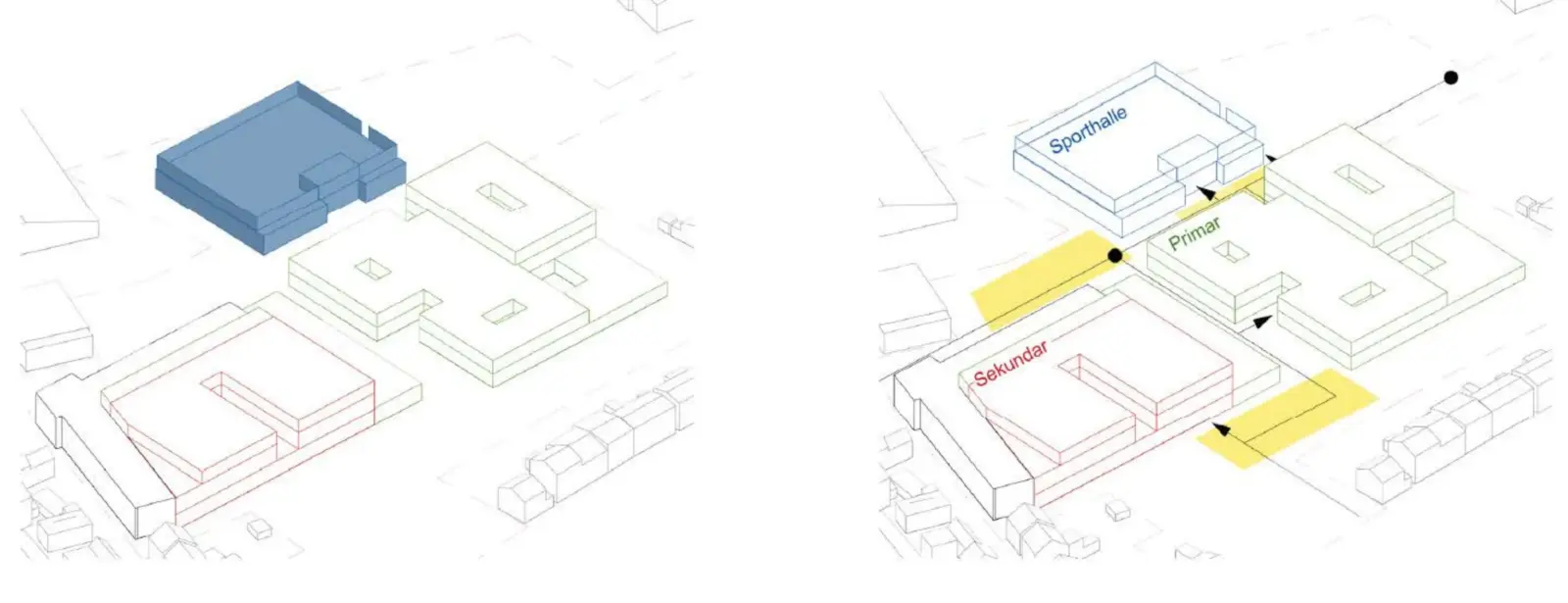 Zwei Axonometrien zeigen die Bauphase 3 mit der neuen Sporthalle sowie die Gebäudeteile Primar- und Sekundarschule mit Wegeführung.