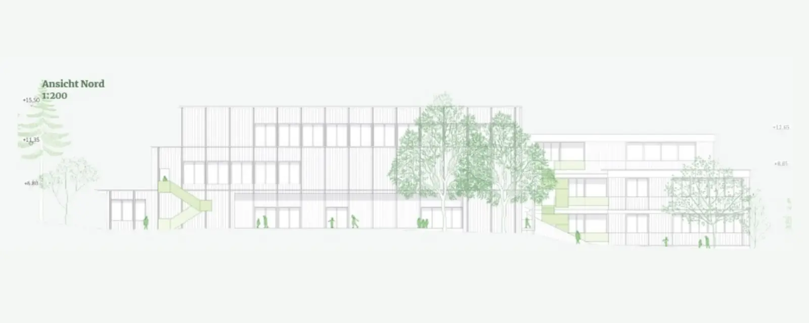 Ansicht von Norden eines zwei- bis dreigeschossigen Schulgebäudes mit vertikaler Lattenfassade und grossflächigen Fensterbändern.