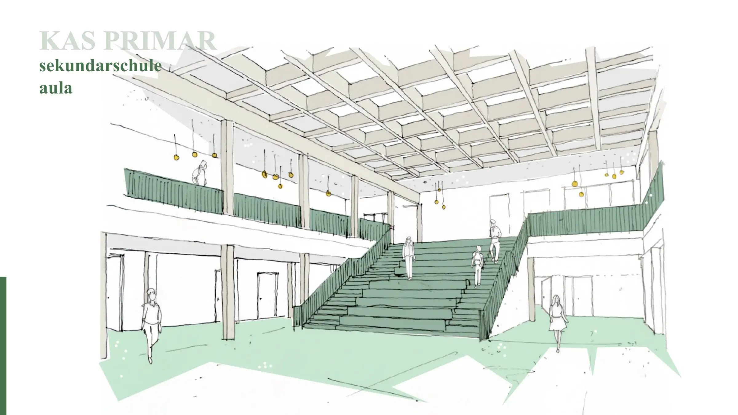 Perspektivische Illustration einer Aula mit Kassettendecke und breiter Treppe als zentralem Sitzstufenelement.